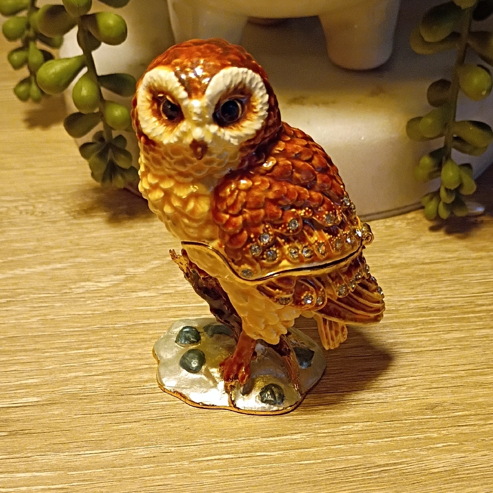 Owl Cloisonne Bejeweled Barn Owl Trinket Box Signed